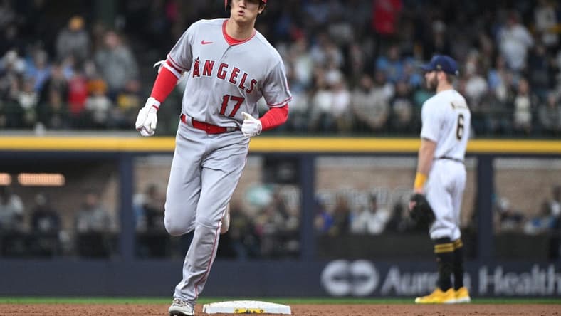 Apr 30, 2023; Milwaukee, Wisconsin, USA; Los Angeles Angels designated hitter Shohei Ohtani (17) rounds the bases after hitting a home run against the Milwaukee Brewers in the third inning at American Family Field. Mandatory Credit: Michael McLoone-USA TODAY Sports