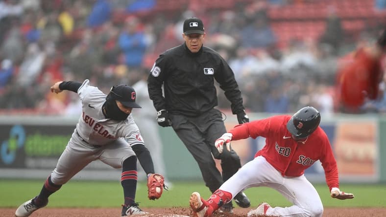 Apr 30, 2023; Boston, Massachusetts, USA; Boston Red Sox second baseman Enmanuel Valdez (47) slides into second base for a double against the Cleveland Guardiansduring the eighth inning at Fenway Park. Mandatory Credit: Brian Fluharty-USA TODAY Sports