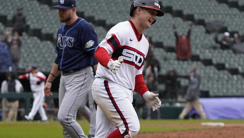 Apr 30, 2023; Chicago, Illinois, USA; Chicago White Sox first baseman Andrew Vaughn (25) runs the bases after hitting a game-winning three-run home run against the Tampa Bay Rays during the ninth inning at Guaranteed Rate Field. Mandatory Credit: David Banks-USA TODAY Sports