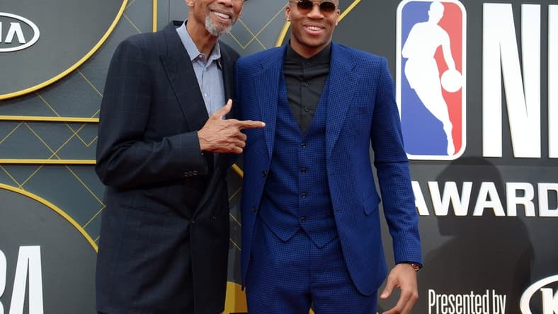 June 24, 2019; Los Angeles, CA, USA; Milwaukee Bucks forward Giannis Antetokounmpo poses with former player Kareem Abdul-Jabbar arrives on the red carpet for the 2019 NBA Awards show at Barker Hanger. Mandatory Credit: Gary A. Vasquez-USA TODAY Sports