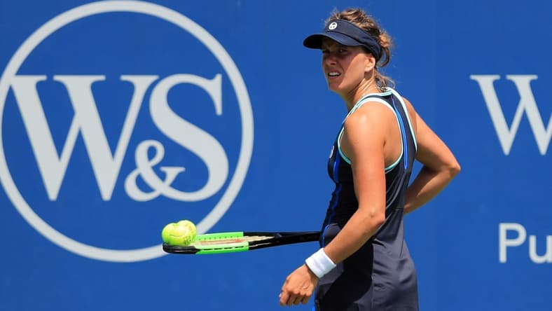 Aug 10, 2019; Mason, OH, USA; Barbora Strycova (CZE) reacts against Kaia Kanepi (EST) during the Western and Southern Open tennis tournament at Lindner Family Tennis Center. Mandatory Credit: Aaron Doster-USA TODAY Sports