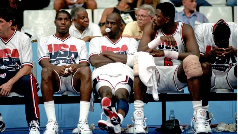1992 Barcelona Summer Olympic Games -  Magic Johnson, Michael Jordan, Patrick Ewing.

Xxx Dream Team 435 Jpg S Oly Bko
