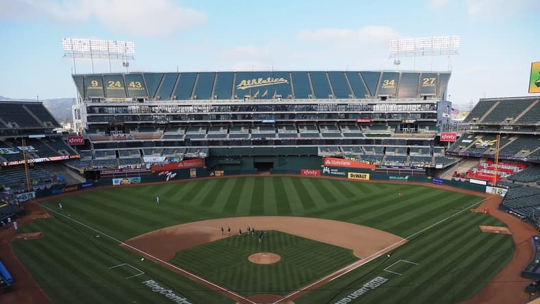 Jul 24, 2020; Oakland, California, USA; An empty stadium before the game between the Oakland Athletics and Los Angeles Angels at Oakland Coliseum. Mandatory Credit: Kelley L Cox-USA TODAY Sports