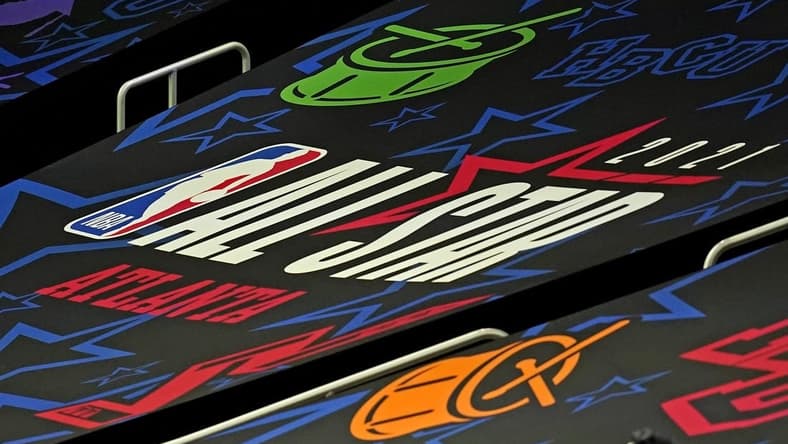 Mar 7, 2021; Atlanta, Georgia, USA;  a view of the All Start Game logo during the NBA All-Star 3 Point Contest at State Farm Arena. Mandatory Credit: Dale Zanine-USA TODAY Sports