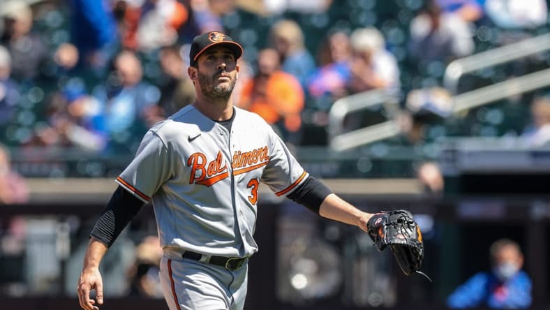 May 12, 2021; New York City, New York, USA; Baltimore Orioles starting pitcher Matt Harvey (32) looks up while walking off of the field during the fifth inning against the New York Mets at Citi Field. Mandatory Credit: Vincent Carchietta-USA TODAY Sports