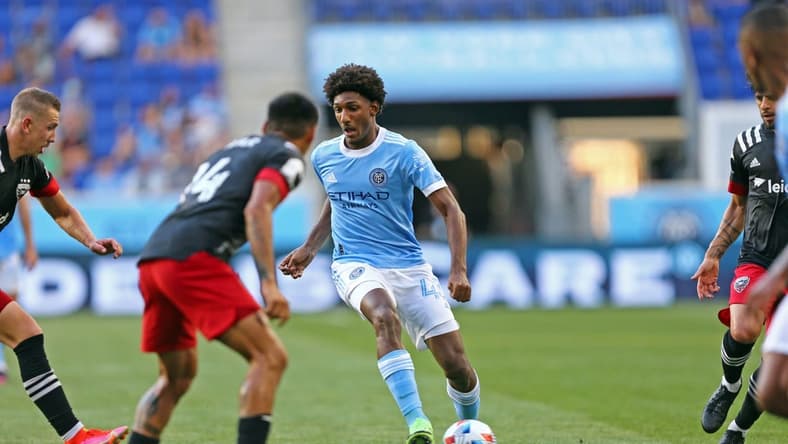Jun 27, 2021; Harrison, New Jersey, USA; New York City FC forward Talles Magno (43) plays the ball during the second half of a game between D.C. United and NYCFC at Red Bull Arena. Mandatory Credit: Danny Wild-USA TODAY Sports