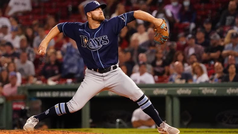 Sep 7, 2021; Boston, Massachusetts, USA; Tampa Bay Rays relief pitcher David Hess (60) throws a pitch against the Boston Red Sox in the eighth inning at Fenway Park. Mandatory Credit: David Butler II-USA TODAY Sports