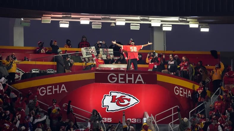 Jan 23, 2022; Kansas City, Missouri, USA; Former Kansas City Chiefs defensive end Neil Smith cheers on the fans at the drum before the start the AFC Divisional playoff football game against the Buffalo Bills at GEHA Field at Arrowhead Stadium. Mandatory Credit: Jay Biggerstaff-USA TODAY Sports