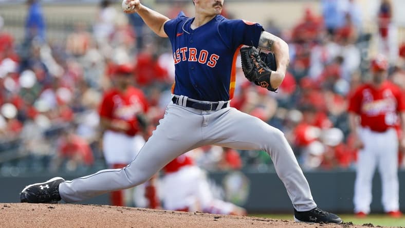 Mar 18, 2022; Jupiter, Florida, USA; Houston Astros pitcher J.P. France (78) delivers a pitch in third inning of the game against the St. Louis Cardinals during spring training at Roger Dean Stadium. Mandatory Credit: Sam Navarro-USA TODAY Sports