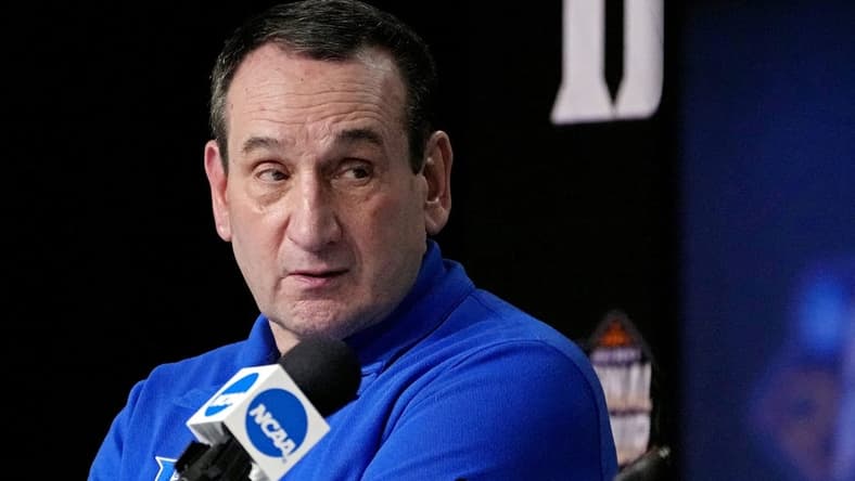Apr 2, 2022; New Orleans, LA, USA; Duke Blue Devils head coach Mike Krzyzewski speaks in a press conference after the game against the North Carolina Tar Heels in the 2022 NCAA men's basketball tournament Final Four semifinals at Caesars Superdome. Mandatory Credit: Robert Deutsch-USA TODAY Sports