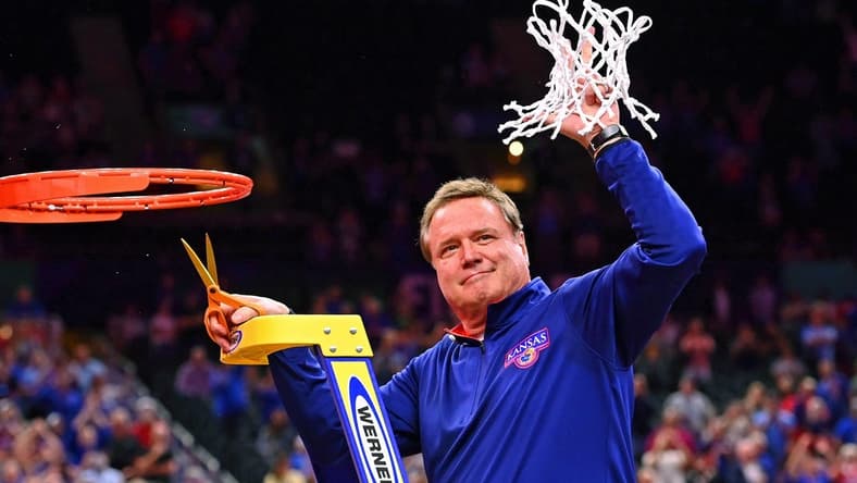 Apr 4, 2022; New Orleans, LA, USA; Kansas Jayhawks head coach Bill Self reacts after cutting down the net after their win against the North Carolina Tar Heels in the 2022 NCAA men's basketball tournament Final Four championship game at Caesars Superdome. Mandatory Credit: Bob Donnan-USA TODAY Sports