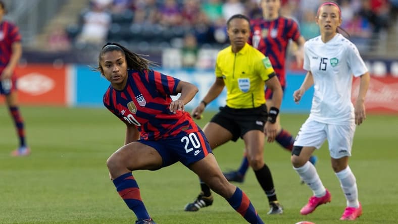 Apr 12, 2022; Chester, Pennsylvania, USA; United States midfielder Catarina Macario (20) passes the ball against Uzbekistan during the first half of an international friendly women's soccer match at Subaru Park. Mandatory Credit: Bill Streicher-USA TODAY Sports