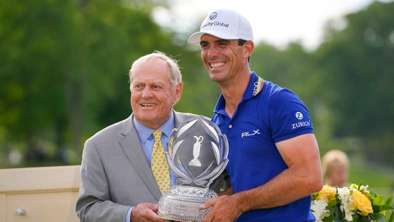 Jun 5, 2022; Dublin, Ohio, USA; Billy Horschel is awarded the trophy by Jack Nicklaus following his win in the final round of the Memorial Tournament at Muirfield Village Golf Club on June 5, 2022. Horschel won with a -13 for the tournament. Mandatory Credit: Adam Cairns-The Columbus Dispatch
Pga Memorial Tournament Final Round