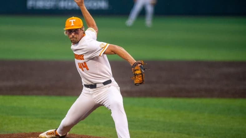 Tennessee's Ben Joyce (44) pitches during the first round of the NCAA Knoxville Super Regionals between Tennessee and Notre Dame at Lindsey Nelson Stadium in Knoxville, Tennessee on Friday, June 10, 2022.
Tennvsndbaseball 1582