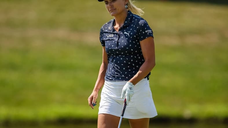 Jun 26, 2022; Bethesda, Maryland, USA; Lexi Thompson reacts after missing her putt on the 18th green during the final round of the KPMG Women's PGA Championship golf tournament at Congressional Country Club. Mandatory Credit: Scott Taetsch-USA TODAY Sports