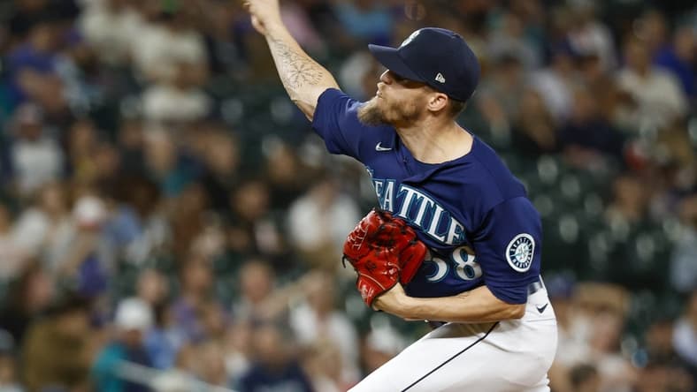 Jul 1, 2022; Seattle, Washington, USA; Seattle Mariners relief pitcher Ken Giles (58) throws against the Oakland Athletics during the ninth inning at T-Mobile Park. Mandatory Credit: Joe Nicholson-USA TODAY Sports