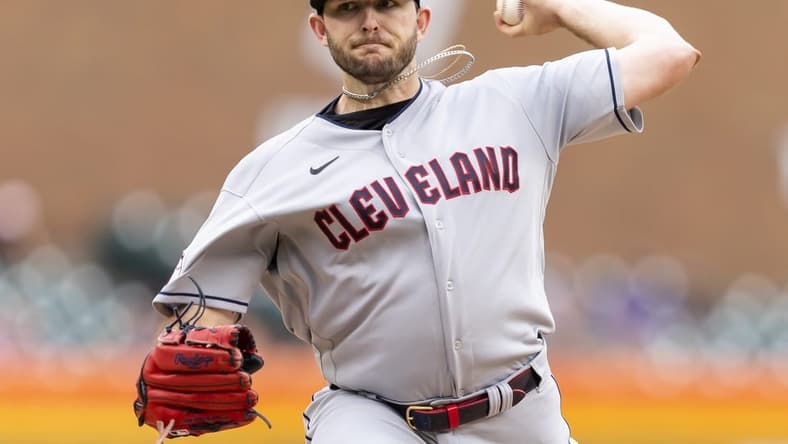 Jul 4, 2022; Detroit, Michigan, USA; Cleveland Guardians starting pitcher Konnor Pilkington (45) pitches during the first inning against the Detroit Tigers at Comerica Park. Mandatory Credit: Raj Mehta-USA TODAY Sports