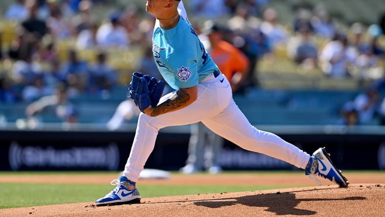 Jul 16, 2022; Los Angeles, CA, USA; National League Futures starting pitcher Bobby Miller (25) throws to the plate in the first inning of the All Star-Futures Game at Dodger Stadium. Mandatory Credit: Jayne Kamin-Oncea-USA TODAY Sports