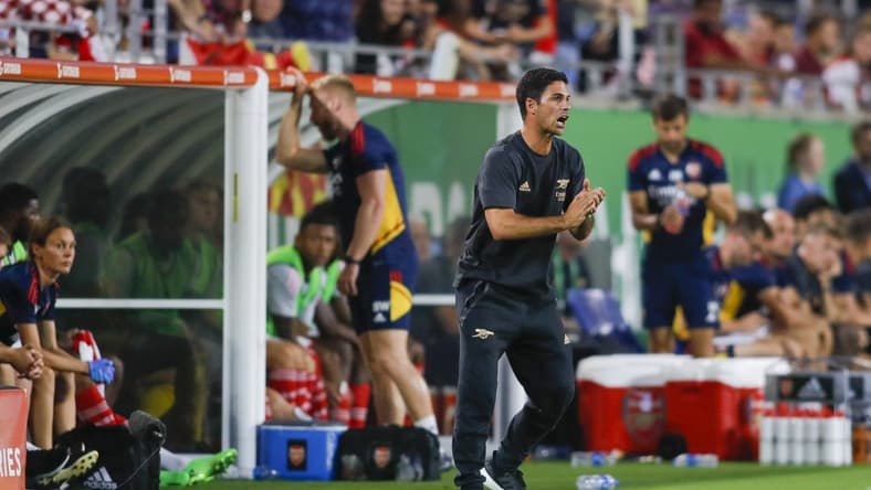 Jul 23, 2022; Orlando, FL, USA; Arsenal head coach Mikel Arteta reacts on the sideline during the first half against Chelsea at Camping World Stadium. Mandatory Credit: Sam Navarro-USA TODAY Sports
