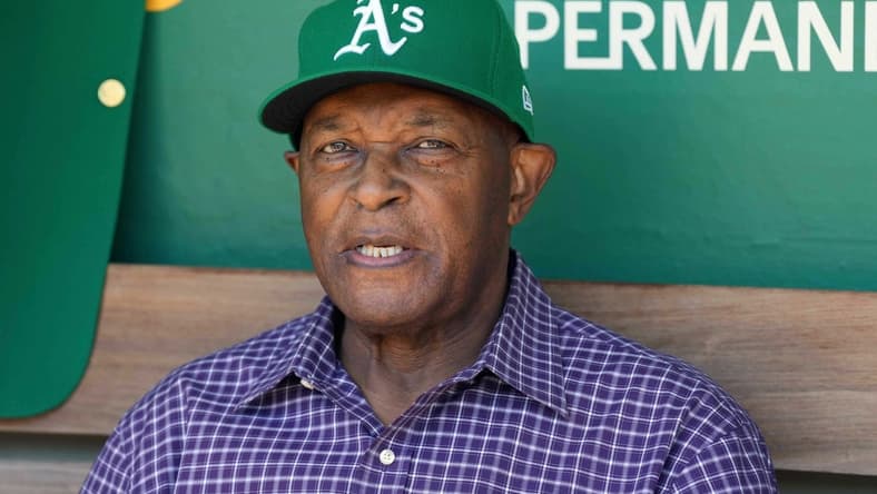Aug 7, 2022; Oakland, California, USA; Oakland Athletics former pitcher Vida Blue sits in the dugout before the game against the San Francisco Giants at RingCentral Coliseum. Mandatory Credit: Darren Yamashita-USA TODAY Sports