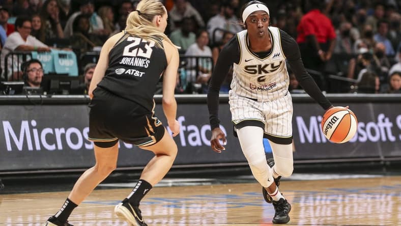 Aug 23, 2022; Brooklyn, New York, USA; Chicago Sky guard Kahleah Copper (2) looks to drive past New York Liberty guard Marine Johannes (23) in the third quarter at Barclays Center. Mandatory Credit: Wendell Cruz-USA TODAY Sports