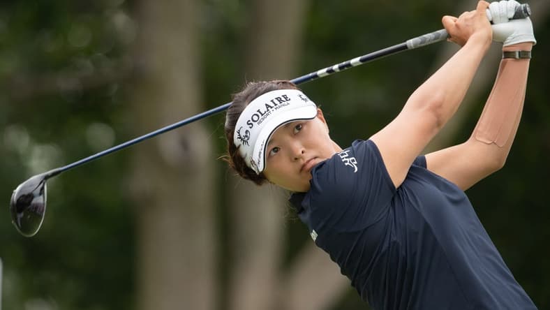 Aug 25, 2022; Ottawa, Ontario, CAN; Jin Young Ko of Korea tees off during the first round of the CP Women's Open golf tournament. Mandatory Credit: Marc DesRosiers-USA TODAY Sports