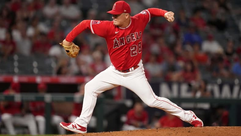 Sep 6, 2022; Anaheim, California, USA; Los Angeles Angels relief pitcher Aaron Loup (28) pitches in the seventh inning against the Detroit Tigers at Angel Stadium. Mandatory Credit: Kirby Lee-USA TODAY Sports