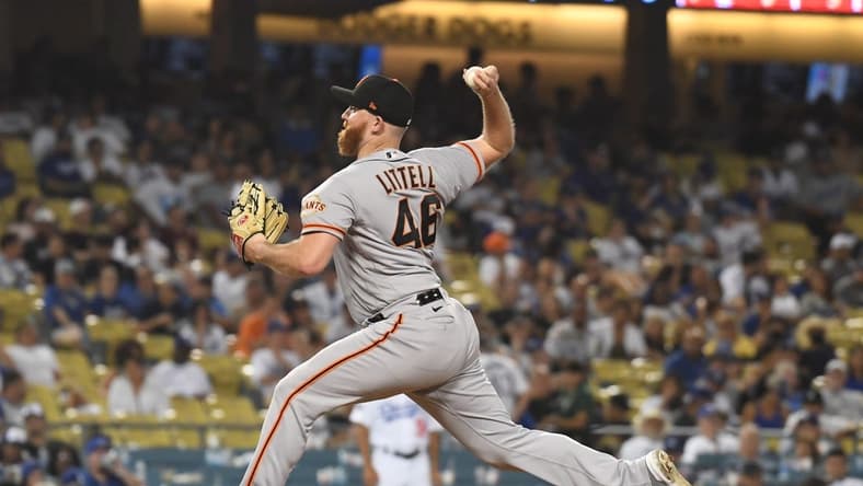Sep 6, 2022; Los Angeles, California, USA; San Francisco Giants relief pitcher Zack Littell (46) throws a pitch in the eighth inning against the Los Angeles Dodgers at Dodger Stadium. Mandatory Credit: Richard Mackson-USA TODAY Sports