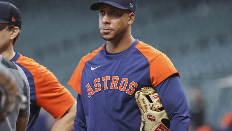 Oct 1, 2022; Houston, Texas, USA; Houston Astros outfielder Michael Brantley watches during batting practice before the game against the Tampa Bay Rays at Minute Maid Park. Mandatory Credit: Troy Taormina-USA TODAY Sports