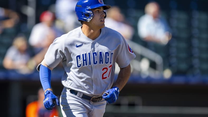 Oct 26, 2022; Surprise, Arizona, USA; Chicago Cubs first baseman Matt Mervis plays for the Mesa Solar Sox during an Arizona Fall League baseball game at Surprise Stadium. Mandatory Credit: Mark J. Rebilas-USA TODAY Sports