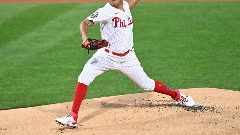 Nov 1, 2022; Philadelphia, PA, USA; Philadelphia Phillies starting pitcher Ranger Suarez (55) pitches against the Houston Astros in the first inning during game three of the 2022 World Series at Citizens Bank Park. Mandatory Credit: Kyle Ross-USA TODAY Sports