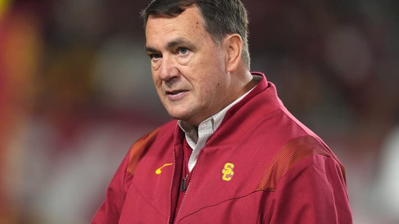 Nov 5, 2022; Los Angeles, California, USA; Southern California Trojans athletic director Mike Bohn reacts in the first half against the California Golden Bears at United Airlines Field at Los Angeles Memorial Coliseum. Mandatory Credit: Kirby Lee-USA TODAY Sports
