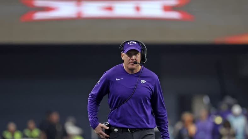 Dec 3, 2022; Arlington, TX, USA; Kansas State Wildcats head coach Chris Klieman looks on during the second half against the TCU Horned Frogs at AT&T Stadium. Mandatory Credit: Kevin Jairaj-USA TODAY Sports