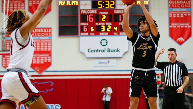 Elliot Cadeau of Link Academy, shoots a field goal during a game against the Legacy (Texas) Broncos in the Ozark Mountain Shootout at Glendale High School on Thursday, Dec. 8, 2022.

Tlink Academy00476