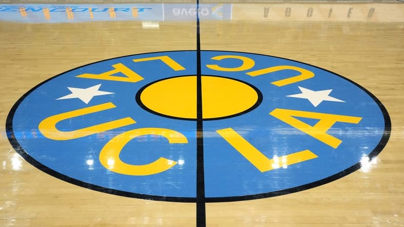 Dec 21, 2022; Los Angeles, California, USA; The UCLA Bruins logo at center court at Pauley Pavilion presented by Wescom. Mandatory Credit: Kirby Lee-USA TODAY Sports