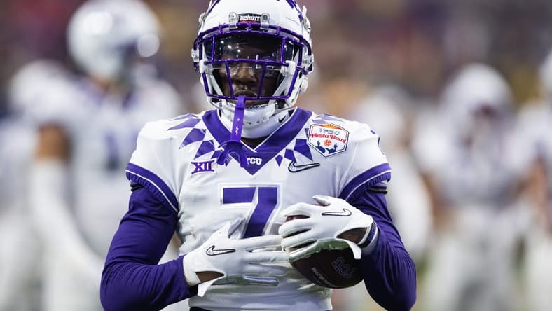 Dec 31, 2022; Glendale, Arizona, USA; TCU Horned Frogs wide receiver Jordan Hudson (7) against the Michigan Wolverines during the 2022 Fiesta Bowl at State Farm Stadium. Mandatory Credit: Mark J. Rebilas-USA TODAY Sports