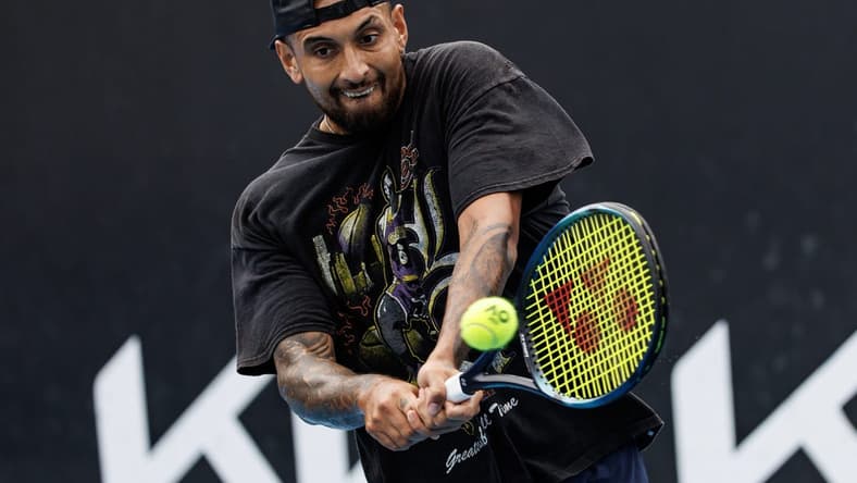 Jan 15, 2023; Melbourne, Victoria, Australia; Nick Kyrgios of Australia hits a shot during a practice session on court 16 at Melbourne Park. Mandatory Credit: Mike Frey-USA TODAY Sports