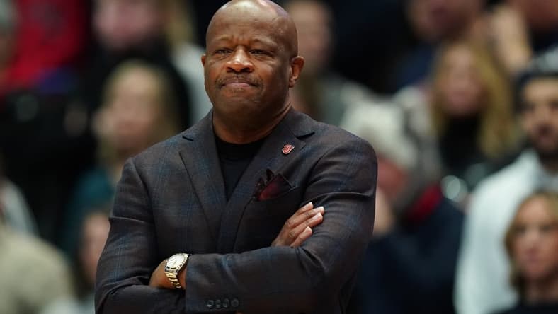 Jan 15, 2023; Hartford, Connecticut, USA; St. John's Red Storm head coach Mike Anderson watches from the sideline last they take the UConn Huskies at XL Center. Mandatory Credit: David Butler II-USA TODAY Sports