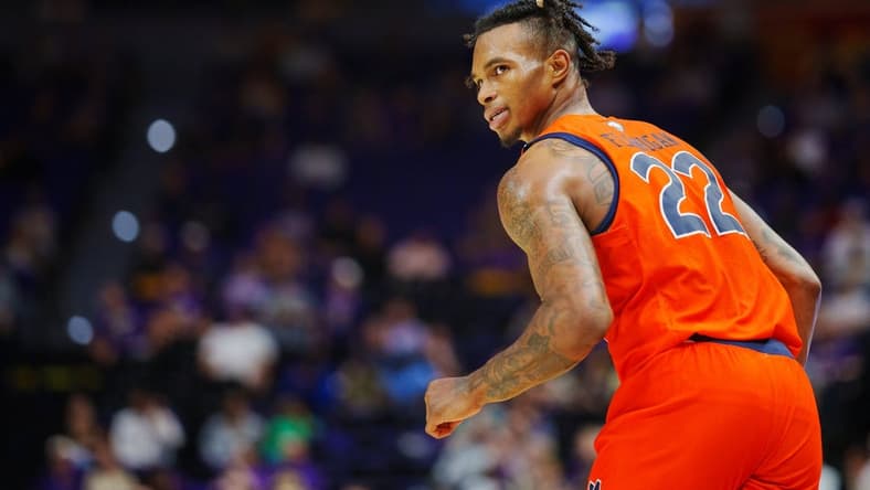 Jan 18, 2023; Baton Rouge, Louisiana, USA; Auburn Tigers guard Allen Flanigan (22) reacts to a play against the LSU Tigers during the second half at Pete Maravich Assembly Center. Mandatory Credit: Andrew Wevers-USA TODAY Sports