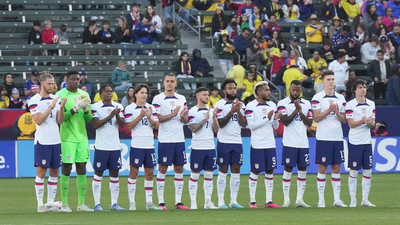 Jan 28, 2023; Carson, California, USA; USMNT players Walker Zimmerman (3), Sean Johnson (1), DeJuan Jones (4), John Tokin (12), Aaron Long (15), Paul Arriola (7), Eryk Williamson (19), Jesus Ferreira (9), Kellyn Acosta (23), Matthew Hoppe (13) and Paxten Aaronson (6) line up before the game against Columbia Dignity Health Sports Park. The teams played to a 0-0 tie. Mandatory Credit: Kirby Lee-USA TODAY Sports