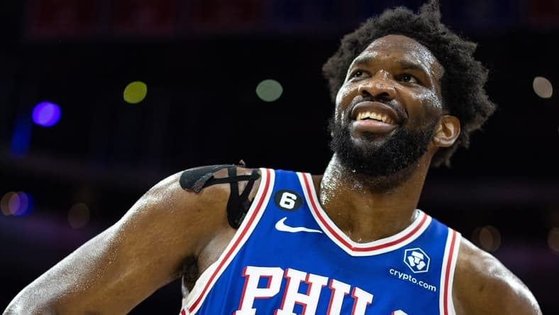 Feb 1, 2023; Philadelphia, Pennsylvania, USA; Philadelphia 76ers center Joel Embiid (21) smiles after a victory against the Orlando Magic at Wells Fargo Center. Mandatory Credit: Bill Streicher-USA TODAY Sports