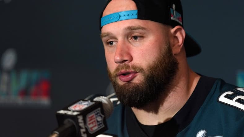 Feb 9, 2023; Scottsdale, AZ, USA; Lane Johnson of the Philadelphia Eagles speaks during a Super Bowl LVII press conference at Sheraton Grand at Wild Horse Pass. Mandatory Credit: Joe Camporeale-USA TODAY Sports