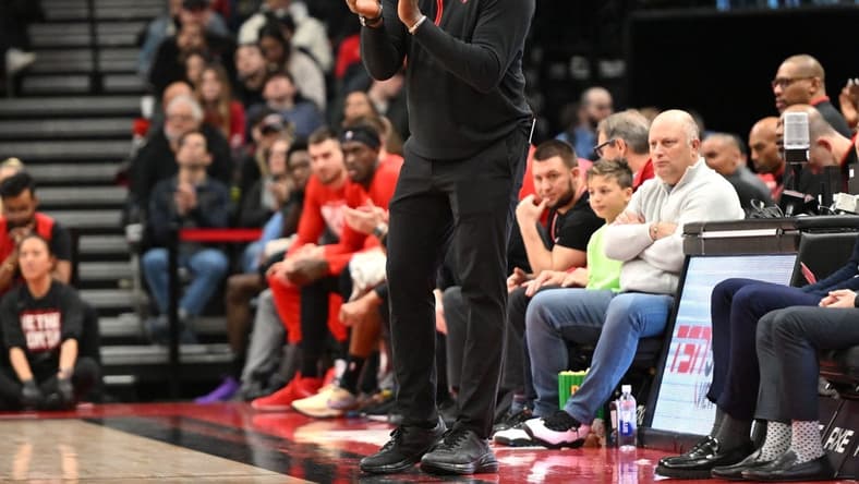 Feb 12, 2023; Toronto, Ontario, CAN;   Toronto Raptors acting head coach Adrian Griffin applaudes his players in the first half against the Detroit Pistons at Scotiabank Arena. Mandatory Credit: Dan Hamilton-USA TODAY Sports