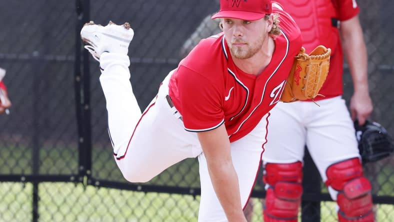 Feb 17, 2023; West Palm Beach, FL, USA;   Washington Nationals starting pitcher Jake Irvin (74) throws bullpen pitches during spring training workouts at the Ballpark of the Palm Beaches. Mandatory Credit: Reinhold Matay-USA TODAY Sports