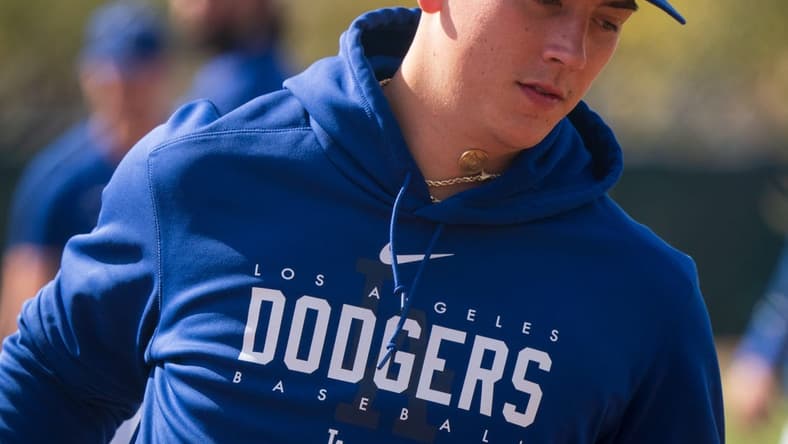 Feb 18, 2023; Glendale, AZ, USA; Los Angeles Dodgers pitcher Bobby Miller (95) practices drills during a spring training workout at Camelback Ranch. Mandatory Credit: Allan Henry-USA TODAY Sports