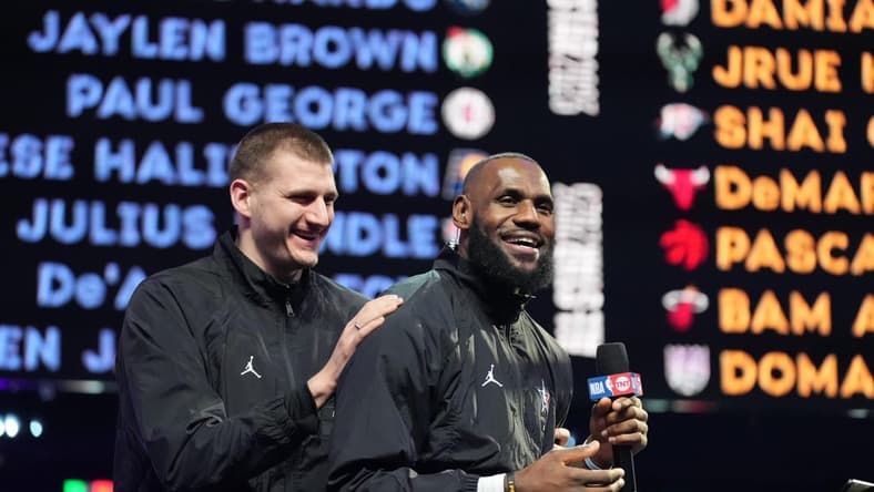 Feb 19, 2023; Salt Lake City, UT, USA; Team LeBron forward LeBron James (right) drafts center Nikola Jokic (15) before the 2023 NBA All-Star Game at Vivint Arena. Mandatory Credit: Kyle Terada-USA TODAY Sports