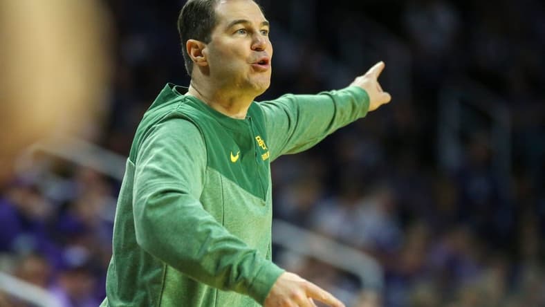Feb 21, 2023; Manhattan, Kansas, USA; Baylor Bears head coach Scott Drew yells at his team during the second half against the Kansas State Wildcats at Bramlage Coliseum. Mandatory Credit: Scott Sewell-USA TODAY Sports