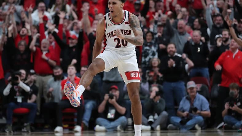 Feb 25, 2023; Lubbock, Texas, USA; Texas Tech Red Raiders guard Jaylon Tyson (20) reacts after a shot against the TCU Horned Frogs in the second half at United Supermarkets Arena. Mandatory Credit: Michael C. Johnson-USA TODAY Sports