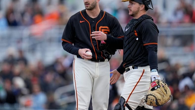 San Francisco Giants pitcher Thomas Szapucki is visited at the mound by catcher Patrick Bailey in the sixth inning of the MLB Cactus League spring training game between the San Francisco Giants and the Cincinnati Reds at Scottsdale Stadium in Goodyear, Ariz., on Sunday, Feb. 26, 2023. The Giants came back in the ninth inning to win on a walk-off single off the bat of Will Wilson.
Cincinnati Reds At San Francisco Giants Spring Training