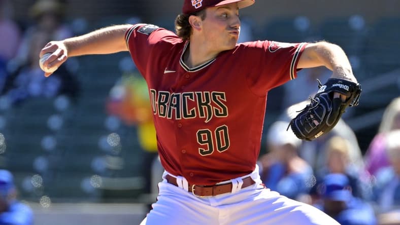 Feb 27, 2023; Salt River Pima-Maricopa, Arizona, USA;   Arizona Diamondbacks starting pitcher Brandon Pfaadt (90) throws to the plate in the first inning of a spring training game against the Arizona Diamondbacks at Salt River Fields at Talking Stick. Mandatory Credit: Jayne Kamin-Oncea-USA TODAY Sports